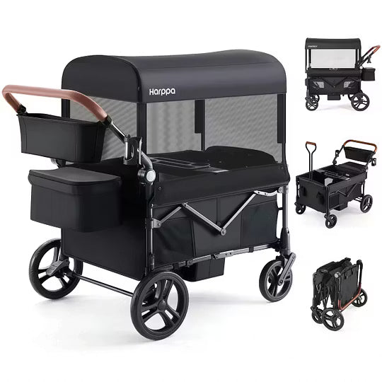 2-Seat Foldable Wagon Stroller for Kids with UPF 50+ Canopy, Mosquito Net & All-Terrain Wheels