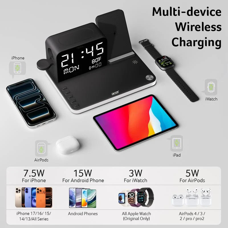 Acer 7-in-1 Wireless Charging Station, compatible with iPhone, Android phones, Apple Watch, and AirPods.
