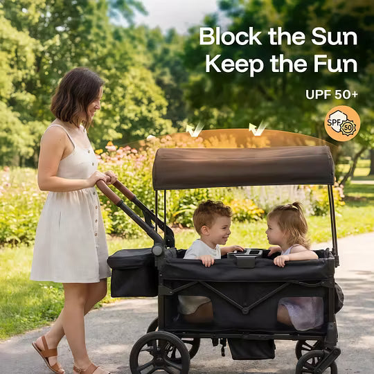 2-Seat Foldable Wagon Stroller for Kids with UPF 50+ Canopy, Mosquito Net & All-Terrain Wheels