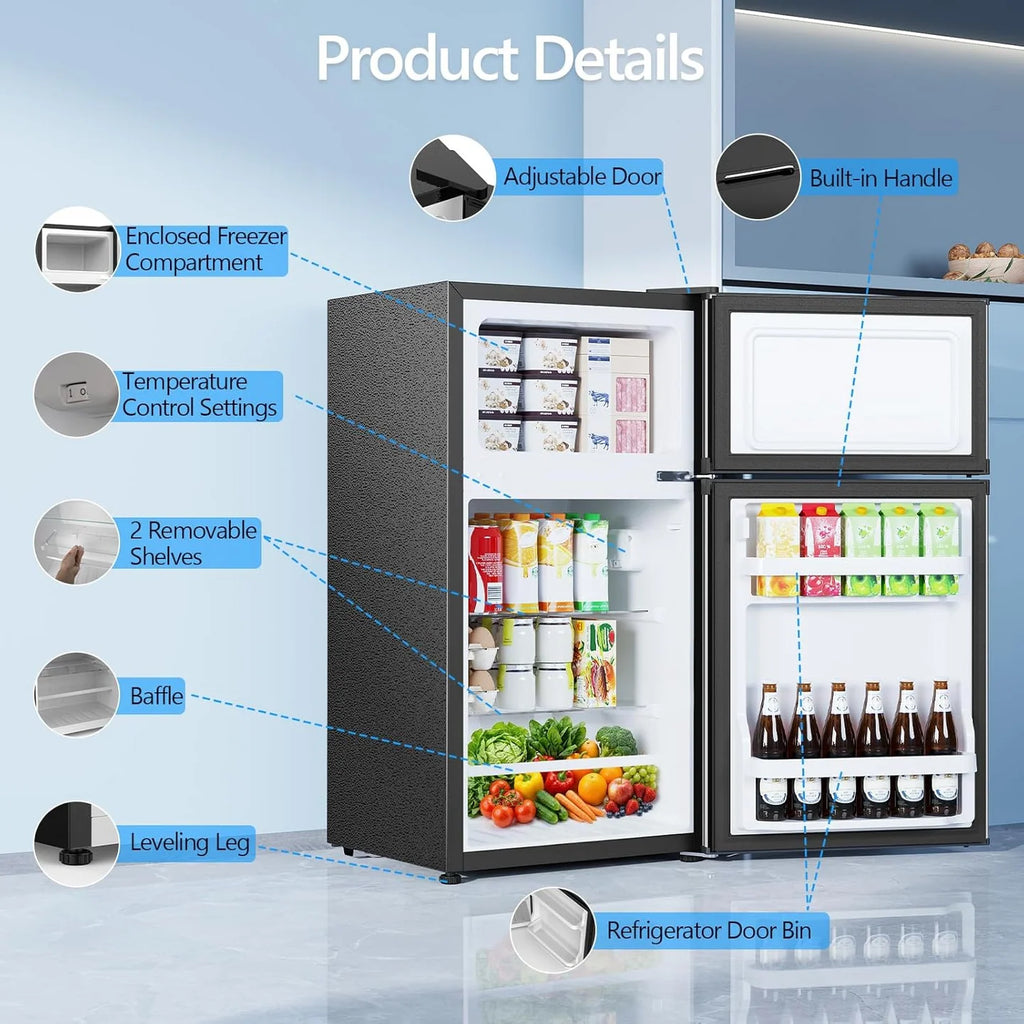 2.5 Cu.Ft Compact Mini Fridge with Freezer, Adjustable Shelves & Quiet Cooling