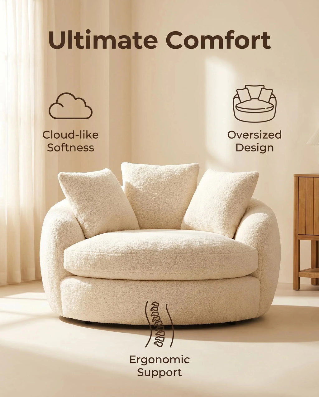 Oversized Teddy Fleece Swivel Barrel Chair, Fluffy Round Accent Lounge Chair with Pillows for Living Room Bedroom