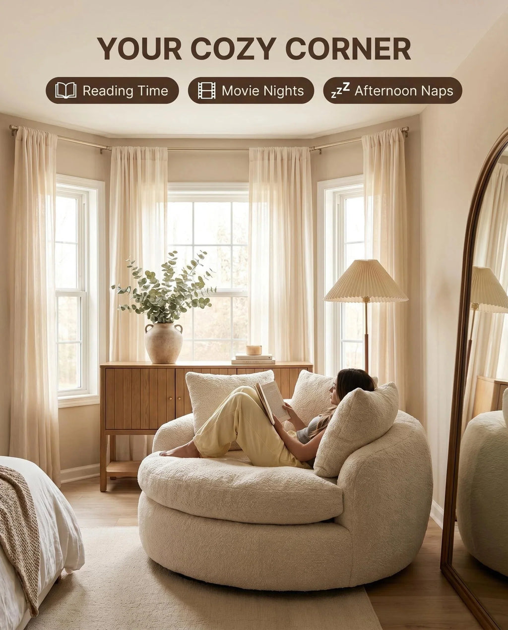 Oversized Teddy Fleece Swivel Barrel Chair, Fluffy Round Accent Lounge Chair with Pillows for Living Room Bedroom