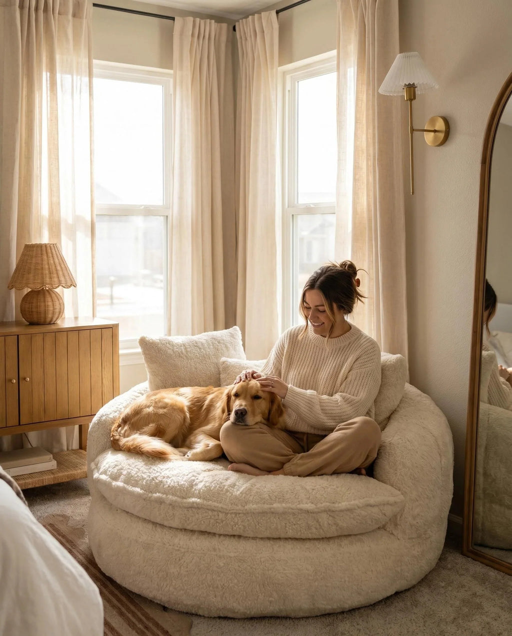 Oversized Teddy Fleece Swivel Barrel Chair, Fluffy Round Accent Lounge Chair with Pillows for Living Room Bedroom