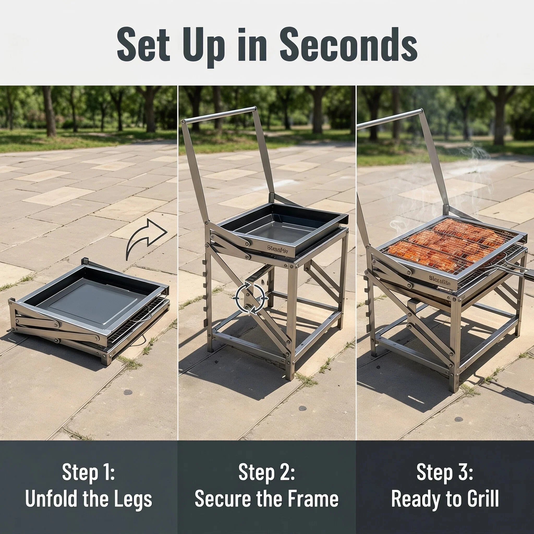 Stainless Steel Folding Portable Charcoal Grill Adjustable Height Outdoor Camping BBQ Grill